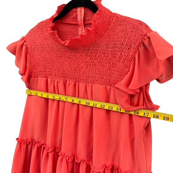 Bleecker 126 Smocked Tiered Dress Salmon Pink Short Sleeve Ruffle Pleated Sz 16 - Picture 7 of 9